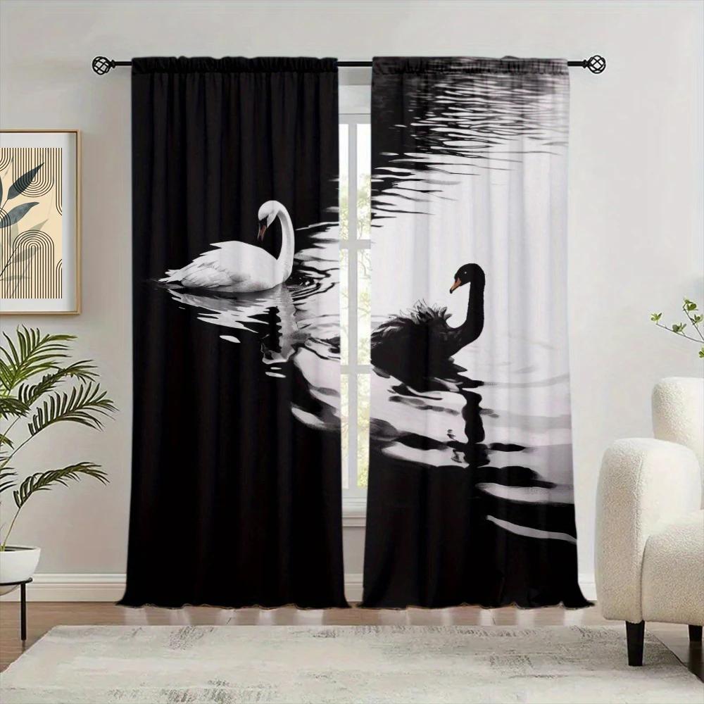 2pcs Black and White Swan Printed Curtain for Home Decor - Rod Pocket Window Treatment for Bedroom, Office, Kitchen, Living Room