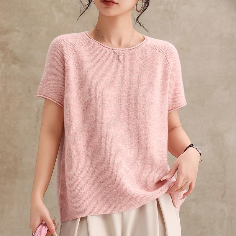 2026 Spring Women's Cashmere Wool Blend Rolled Collar Knit Half Sleeve Top