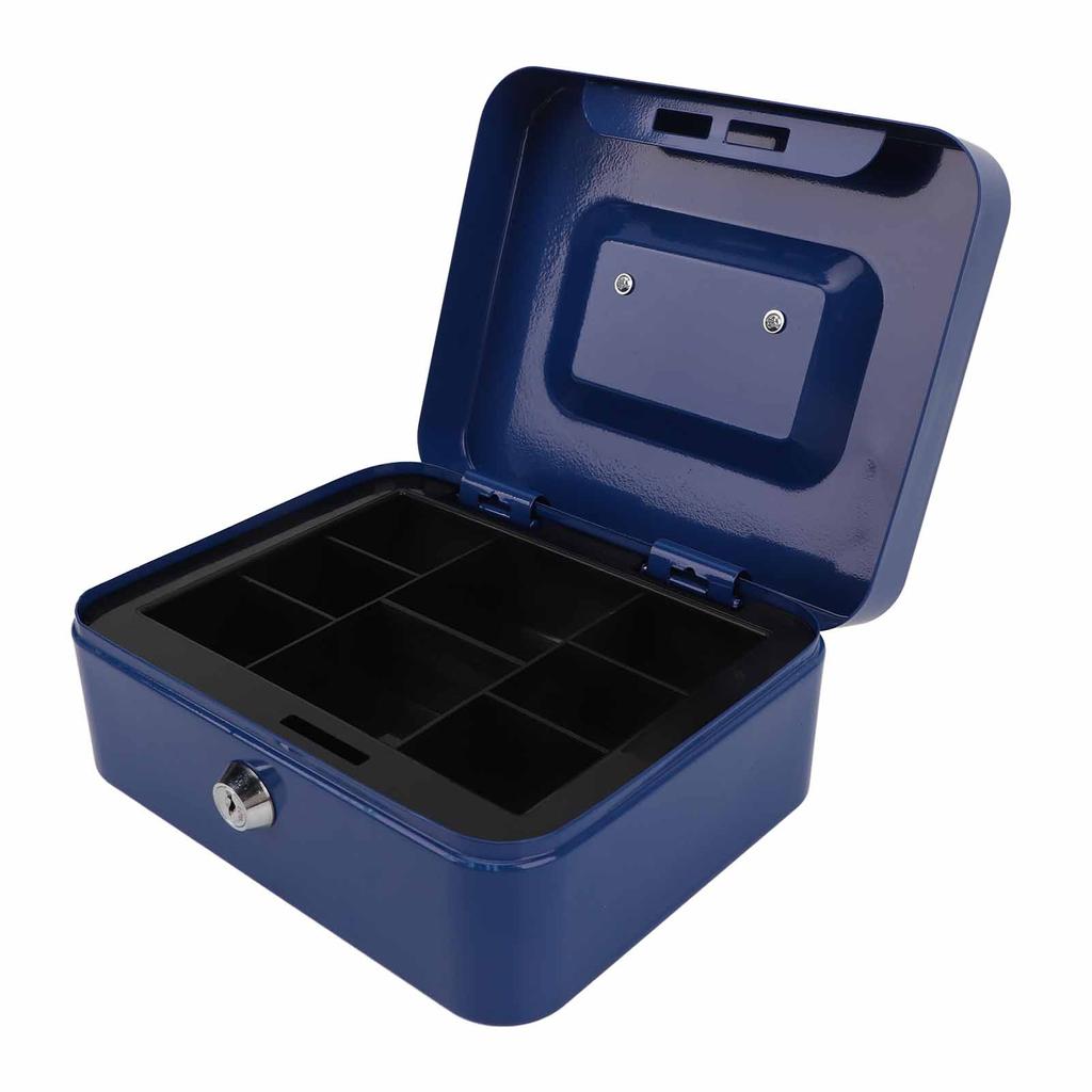 Liten låsbar kontantboks Bærbar dobbeltlags sikker metallpengekasse for hjem og kontor Blå