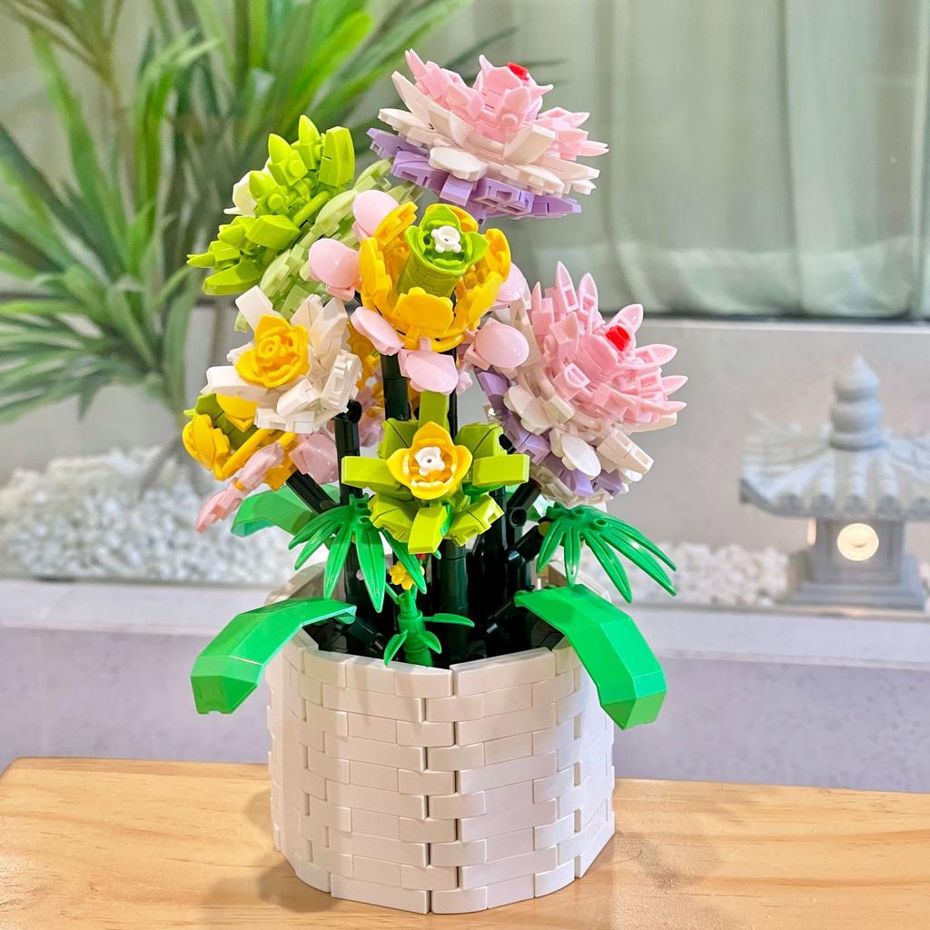 2023 City Creativity Bouquet Rhododendron Potted Plant Home Decoration Building Blocks Bricks Kids Toys