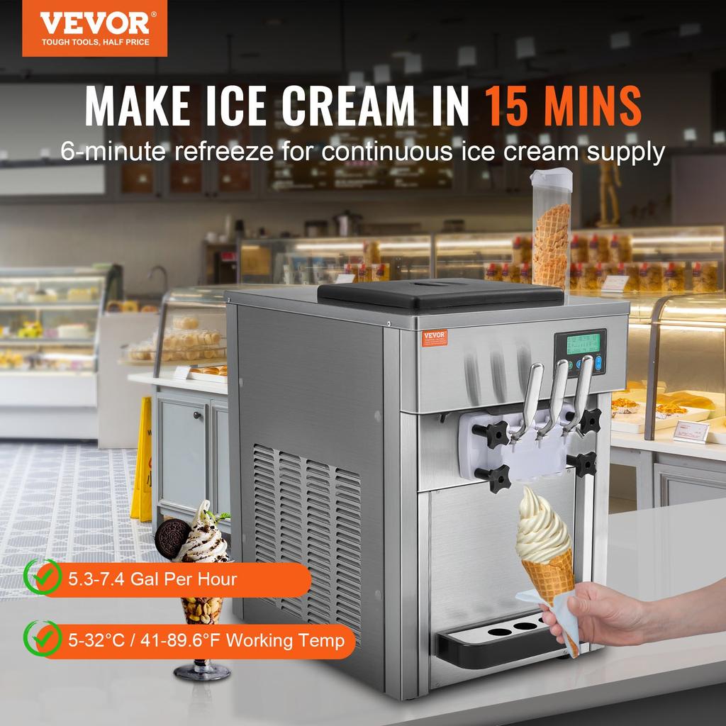 VEVOR Commercial Ice Cream Machine, 21 QT/H Yield, 1800W 3-Flavor Countertop Soft Serve Ice Cream Maker, 2 X 4L Hopper 2 X 1.8L Cylinder