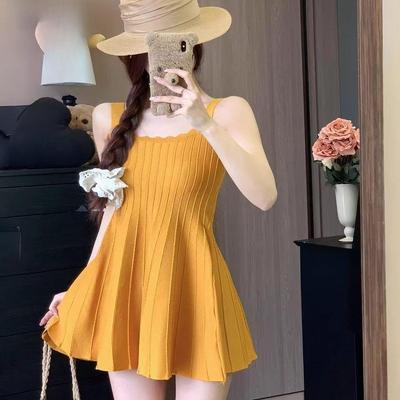 Knitted Dress for Women In Summer  Slimming and High-end Look Petite Halter Dress Short Skirt
