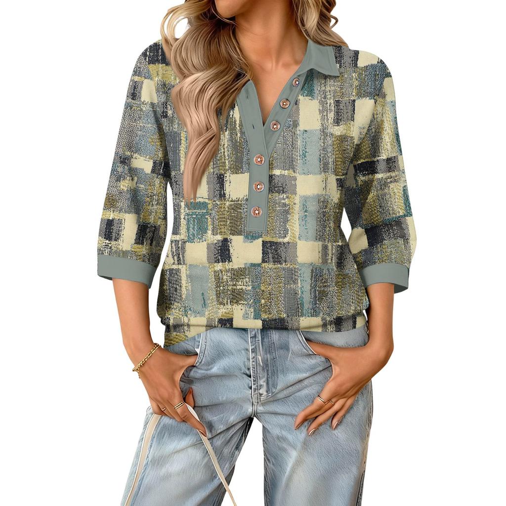 Blusa feminina moda verão casual gola V retalhos manga três quartos estampa xadrez
