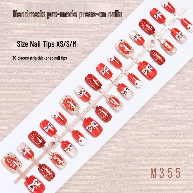 2026 Autumn/Winter Red Cherry Cat Eye Lion Dance Wearable Armor - Elegant Skin-Whitening Handmade Nail Art