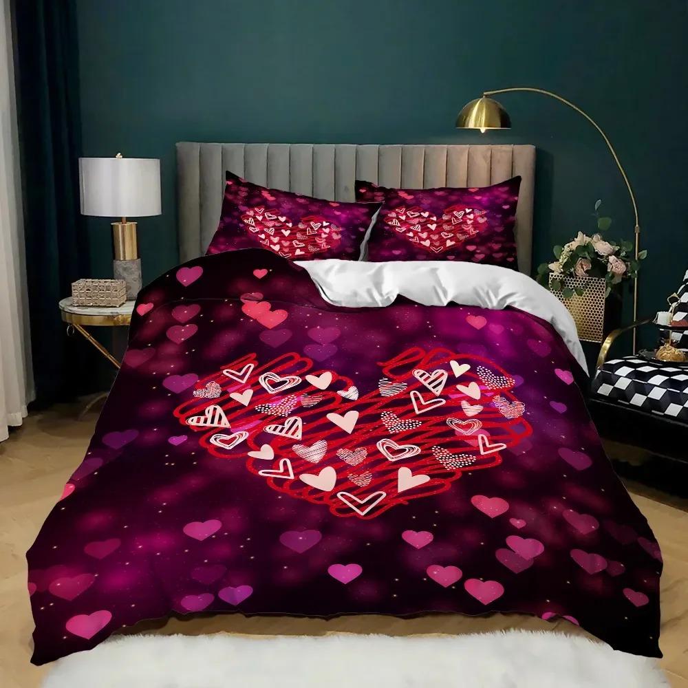 Liebesherz Bettbezug Rot Lila Rosenblume Bettwäscheset Bettbezug Bettdecke Valentinstag Geschenk Paar Liebhaber Schlafzimmer