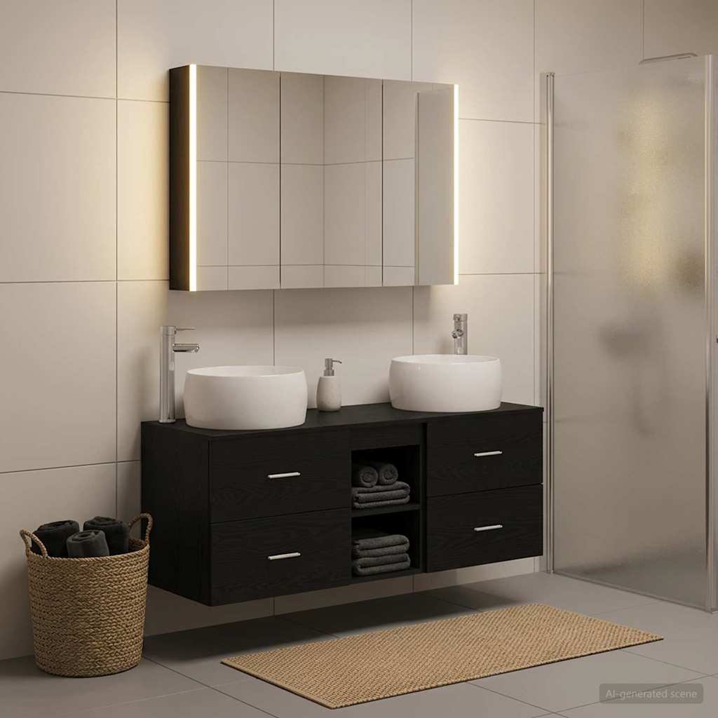 Bathroom Furniture Set 4 Pcs Black Oak Engineered Wood and Glass