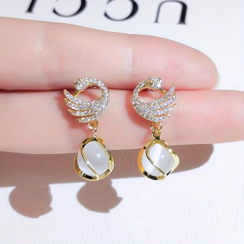 

New Fashion Fine Swan Earrings Women Stainless Steel Earrings Temperament High Quality Jewelry Opal Jewellery Women золотой