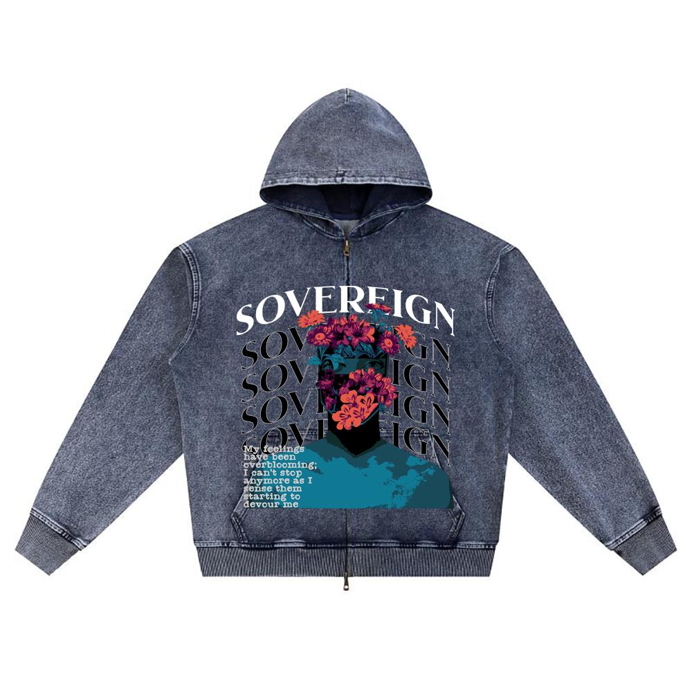 

DTG print Knitted Denim Zip-Up Hoodie Sovereign Brother Print Zipper Hoodies XL темно-синий