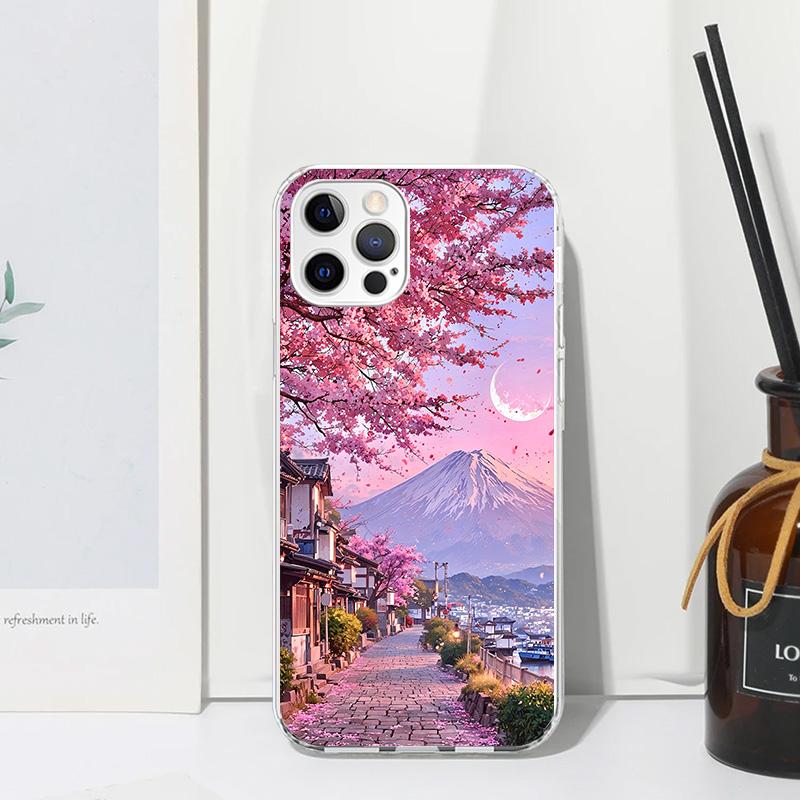 

Japanese Cherry Mount Fuji Phone Case For Iphone 17 Air 16 15 Plus 16E 14 Pro Max 13 Mini 12 11 7 8 SE Fundas Soft Back Cover 17 iPhone 16 Pro
