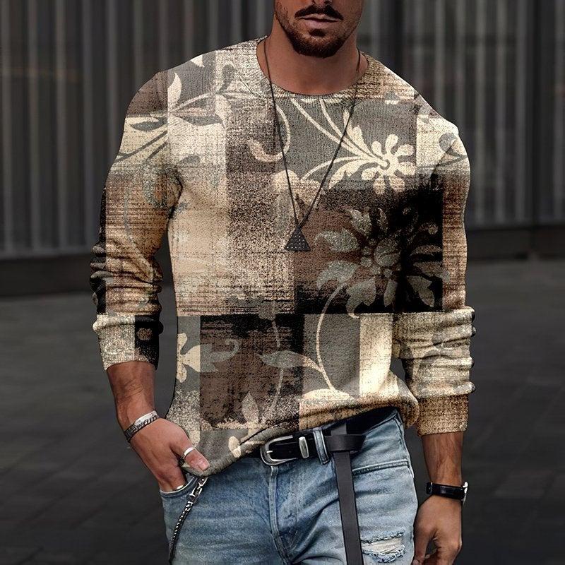 Rundhals 3D-bedrucktes Batik-Streifenmuster Top Modische lässige langärmelige Herren-T-Shirts