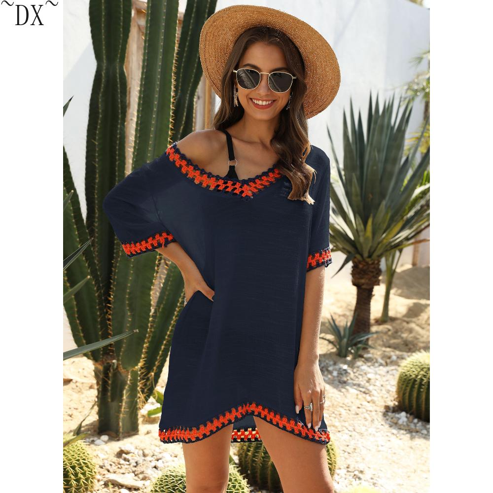 DX~Women's Sexy Hollow Out V-neck Short Sleeved Contrasting Hand Hook Patchwork Loose Beach Sun Protection Cover