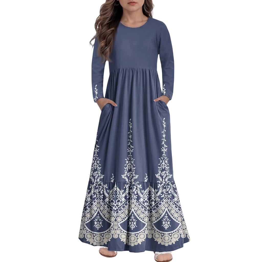 Girls' Maxi Dress Casual Holiday Dresses - Long Sleeve Dress With Pockets For 4-14Y