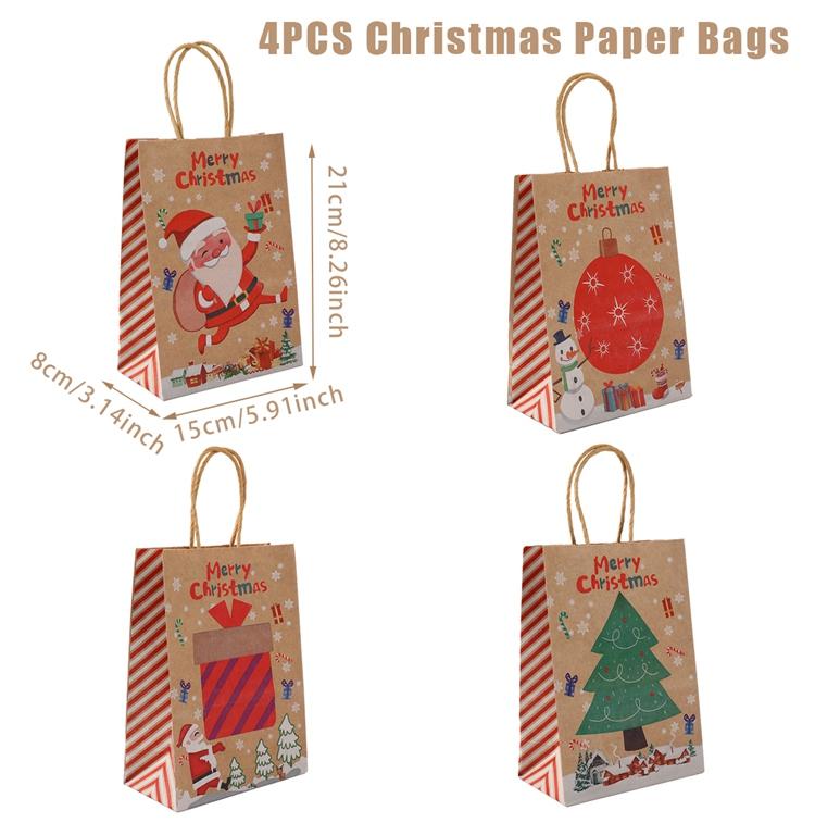 4PCS Christmas Gift Bag Kraft Paper Bags Merry Christmas Decoration 2024 For Home Cristmas Navidad New Year Gifts Packing Bags