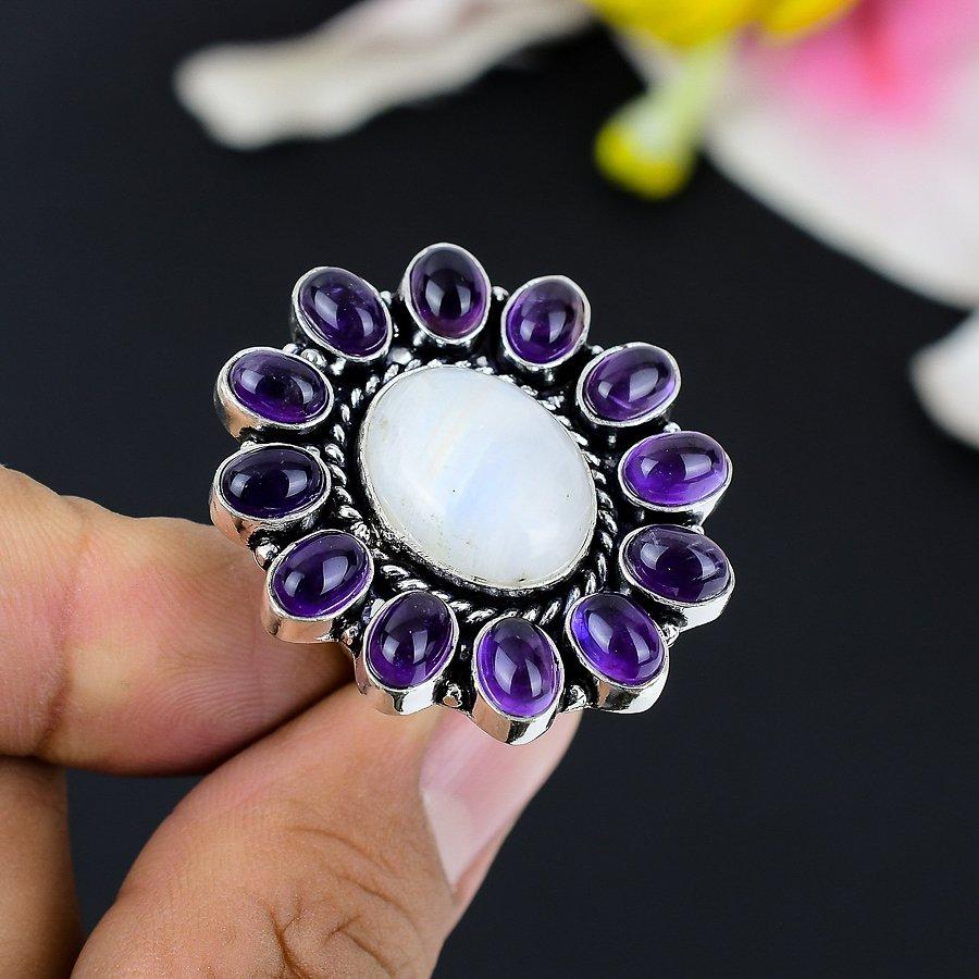 

Rainbow Moonstone, Amethyst 925 Sterling Silver Jewelry Ring Size 6 KG-148