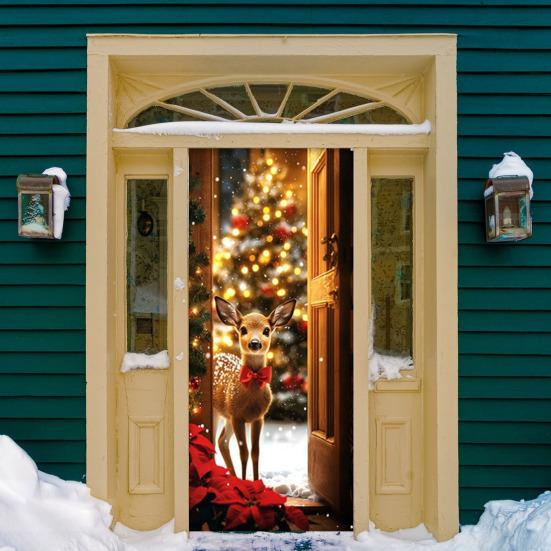 Christmas Door Cover Cute Reindeer Front Door Cover 35x82in Porch Welcome Sign Banner for Winter Holiday Party Photo Backdrop Decor
