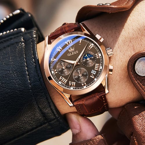 OLEVS Men's Watch, Lightweight, Arm Watch, Waterproof, For Men - Analog Quartz, Lightweight Watch, Brown, Gentleman's Date, Day of the Week, Chronogra