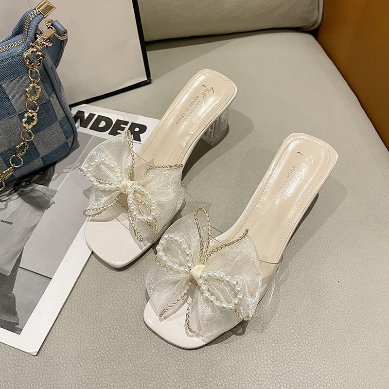 Fairy style slippers female summer outer wear 2025 new crystal thick heel pearl bow transparent high heel cool slippers