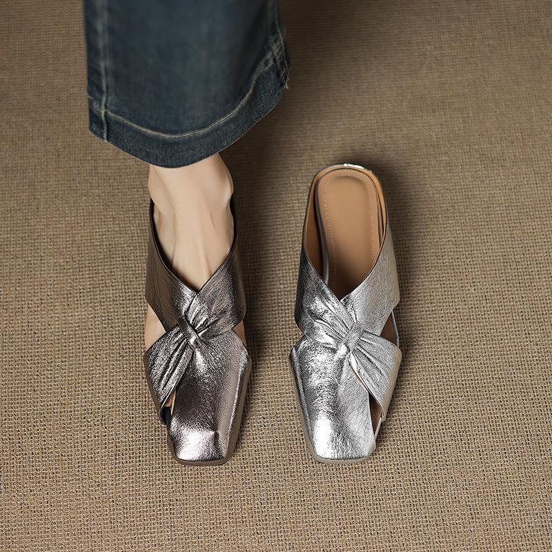 Fashion 2025 NEW Summer Women Mules Genuine Leather Shoes for Women square Toe increase height Cover Toe Slingback Sandals Slippers