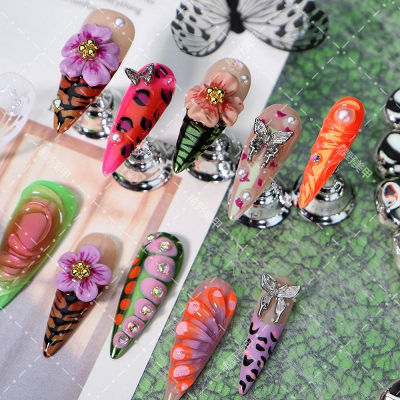 Press-On Nails Women - 3D Floral Butterfly Leopard Design Y2K Ins Style Acrylic Tips Long Stiletto False