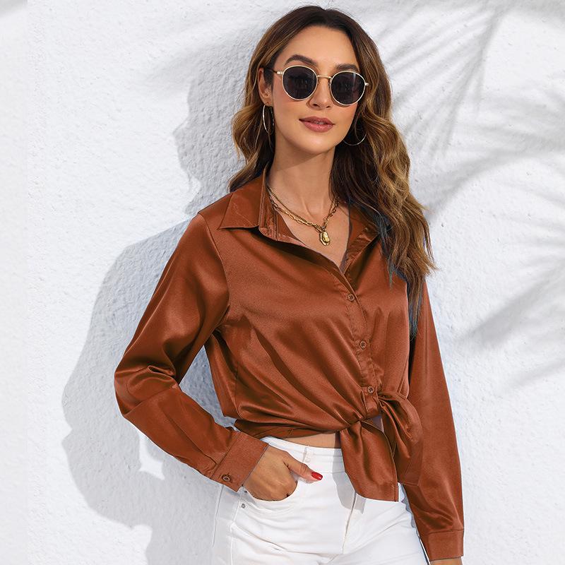 European & American Women's Long Sleeve Satin-Cotton Shirt - Solid Color, Spring & Autumn Bestseller