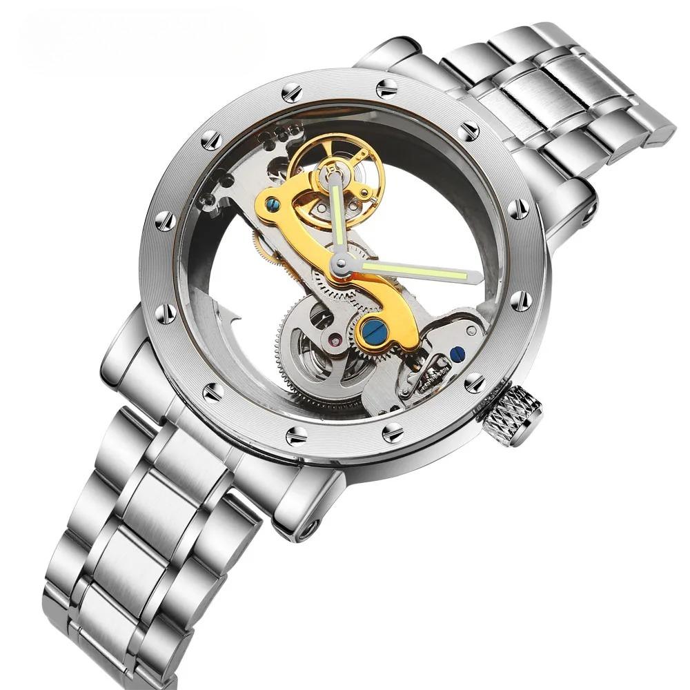 New Man Watch Luxury Mechanical Watch Men Stainless Steel Automatic Self Wind Watch Skeleton Transparent Hollow Watch