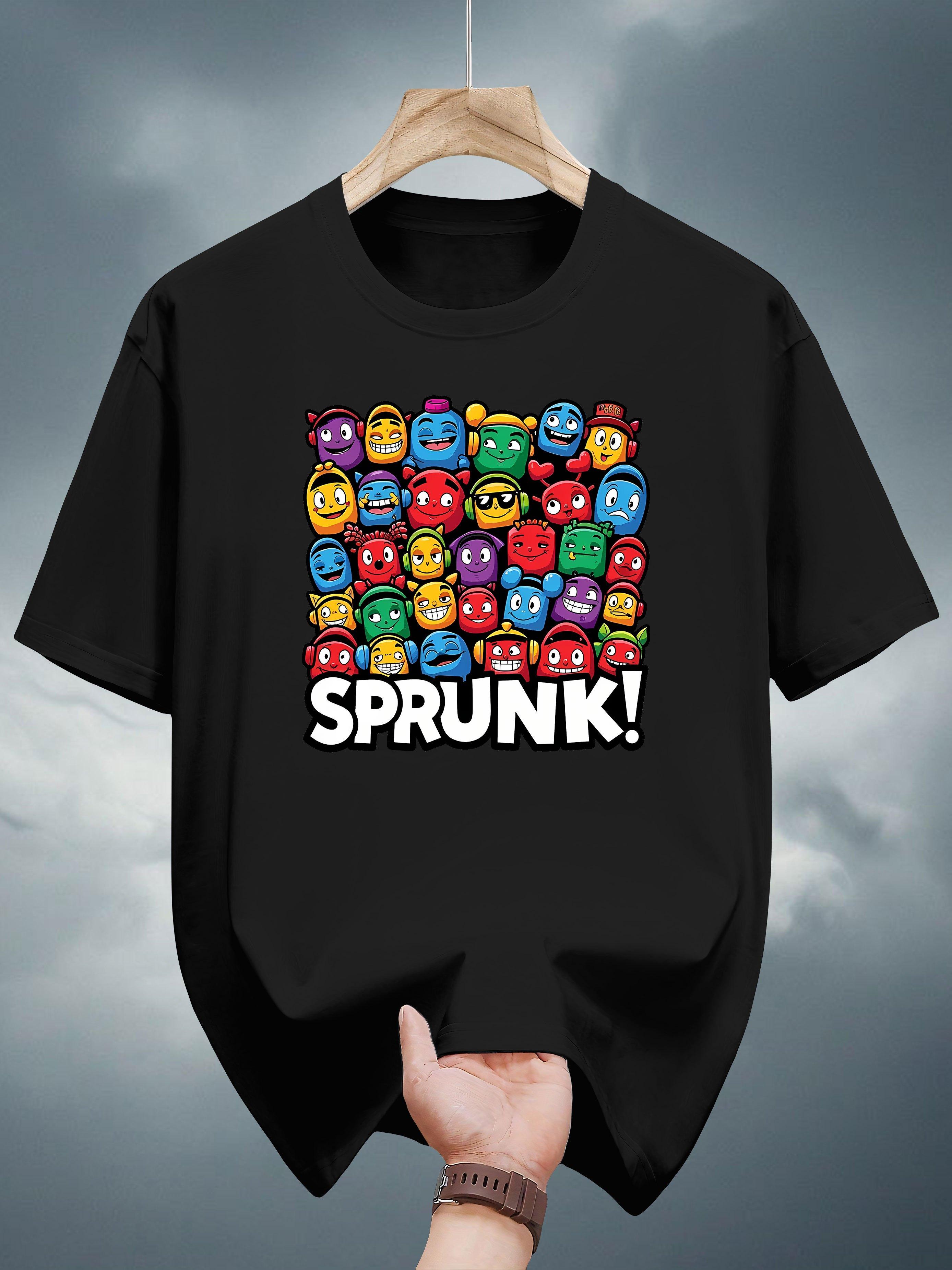 

200g 100% Cotton Graphic T-shirt - Navy Blue Casual Short Sleeve Tee with Playful Cartoon Print & SPRUNK! Text M