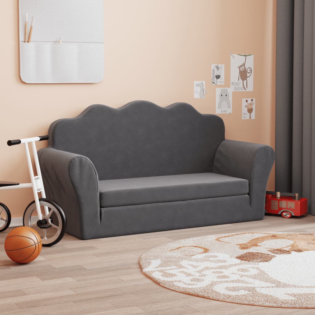 Vidaxl 2-Os. Sofa für Kinder, Ausziehbar, Anthrazit, Weicher Plüsch