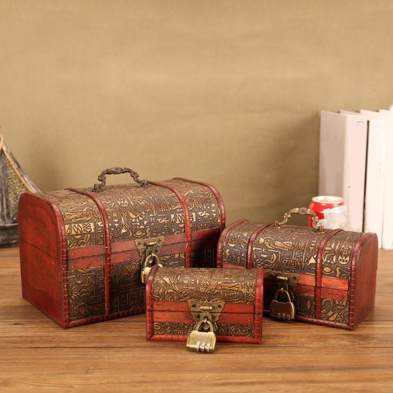 Vintage Wooden Treasures Chest Decorative Keepsakes Storage Container with Lock Antique Jewelry Organiser for Women