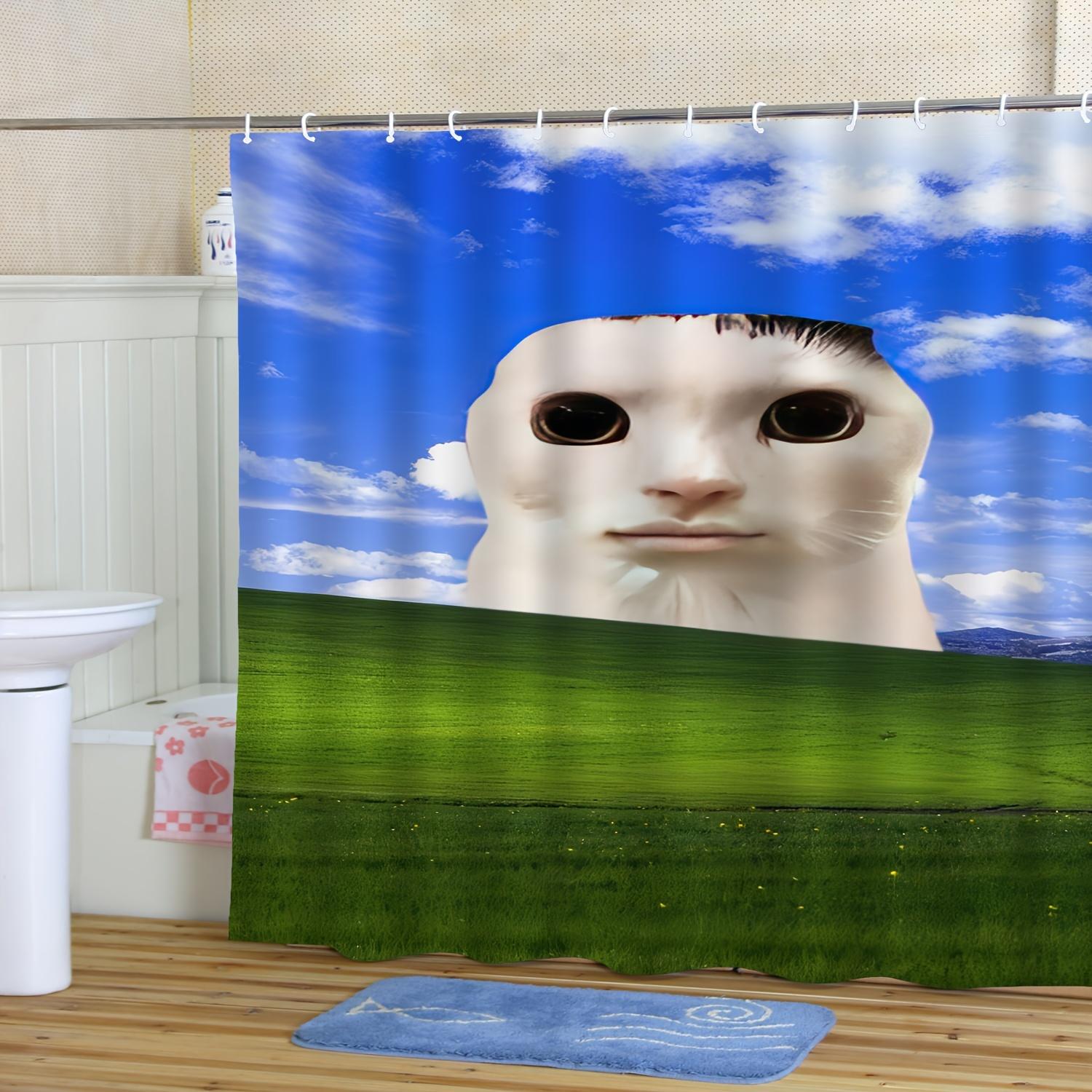 

1 шт. Занавеска для душа - Милая кошачья мордочка на живописном пейзаже с дизайном голубого неба и зеленой травы, водонепроницаемая W90XH180cm