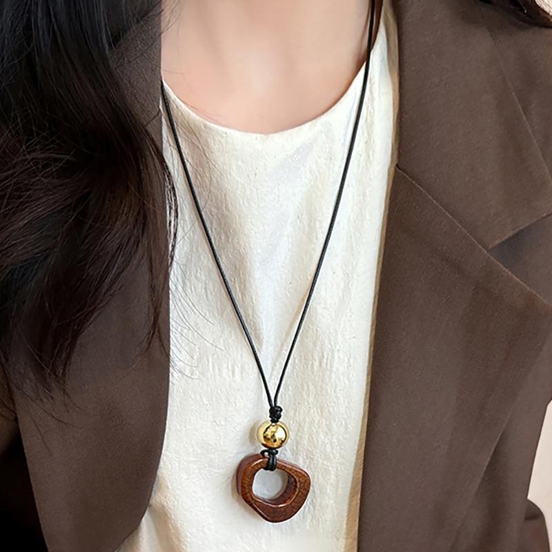 Handmade Wood Tribal Pendant Necklace Unique Resin Necklace Long Rope Necklace Suitable for Men and Women Present