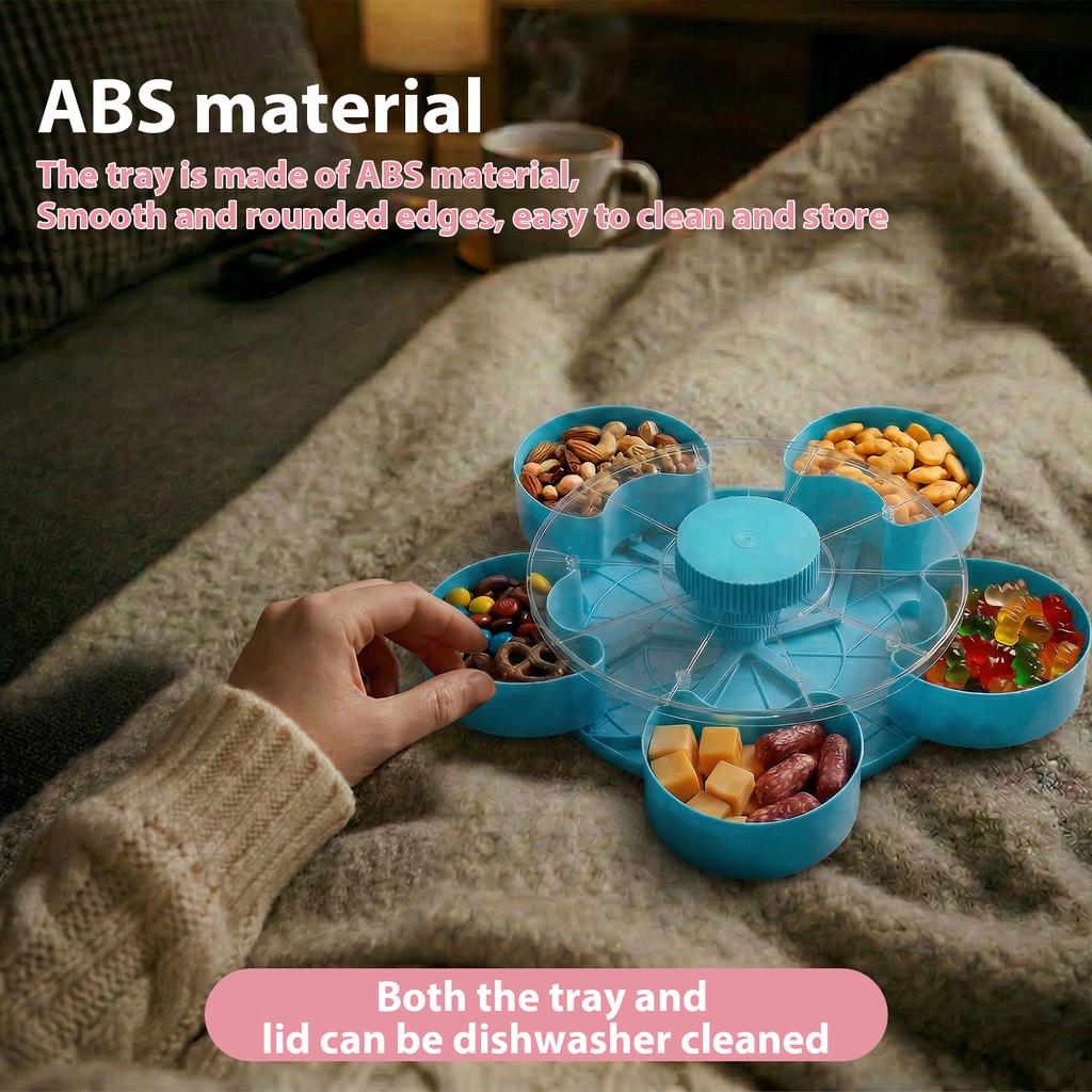 5-Compartment Food Storage Tray 360° Divided Spin and Snack Serving Tray with Lid Portable Veggie Fruit Snack Box Nut Organizer