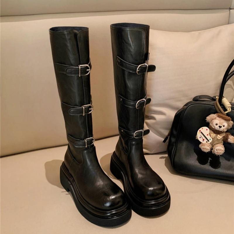 2025 autumn and winter new European and American style but knee niche belt buckle knight boots women's thick-soled round head thin boots