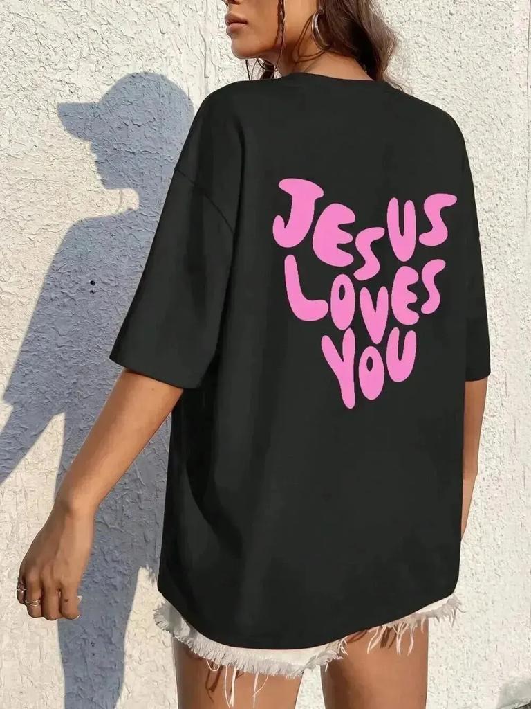 Jesus liebt mich Briefdrucke Damen Baumwoll-T-Shirts Mode O-Ausschnitt Oversize-Oberteile Lässig Locker Weich Kurzarm Damenbekleidung