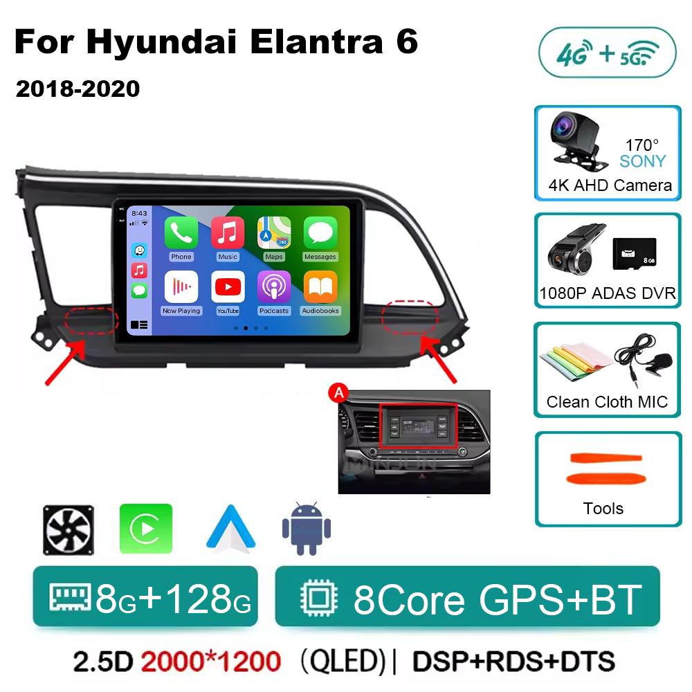 For Hyundai Elantra 6 2018 2019 2020 Car Radio Multimedia Video GPS Android 14 Wireless Apple Carplay QLED Screen Head Unit