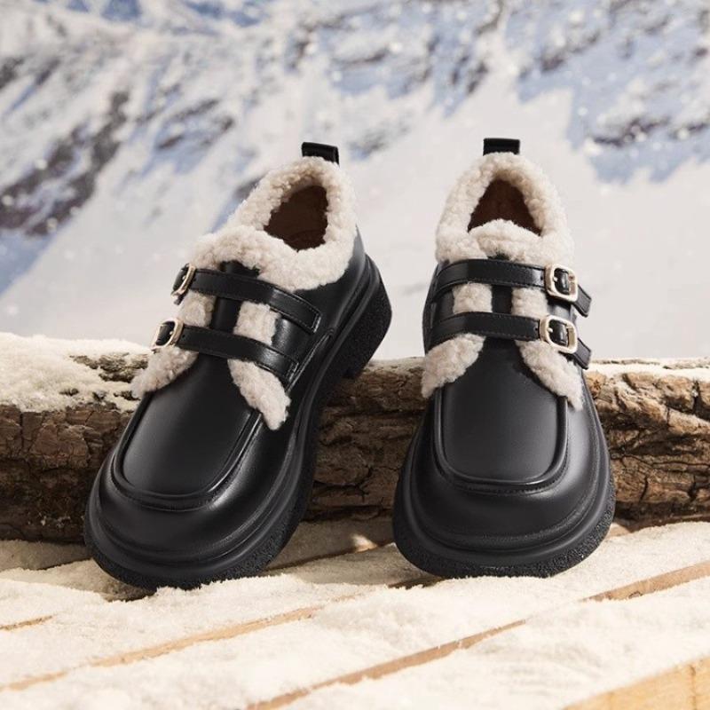 Thick-soled small leather shoes women's autumn and winter new fluffy shoes muffin velvet warm cotton shoes