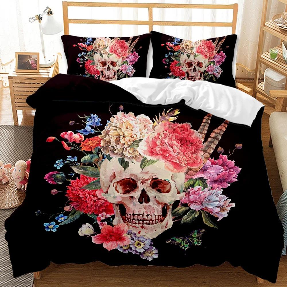 Skull Duvet Cover 3D Skeleton Floral Skull Pattern Printed Bedding Duvet Cover, Lightweight Microfiber Gothic Bedding Queen Size