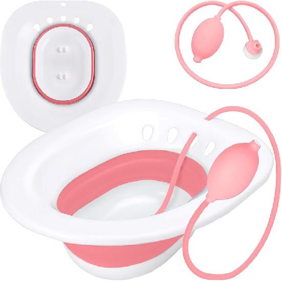 Pochik Sitz Bath for Toilet Seat Hemorrhoids and Postpartum Care, Yoni Steam Seat, Perineal Soaking, Collapsible, Flusher Hose, Drain Holes, Wider