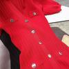 Women Fashion Contrast Single Breasted Knitted Dress Lapel Short Bubble Sleeve Hollow Out Slimming Long Dresses