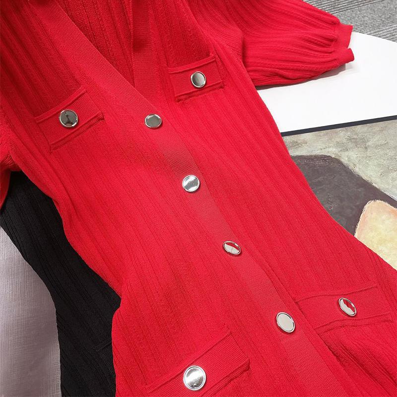 Women Fashion Contrast Single Breasted Knitted Dress Lapel Short Bubble Sleeve Hollow Out Slimming Long Dresses