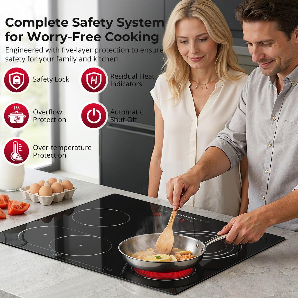 60 cm Glass Ceramic Hob 4 Plates, 4 Hobs with Oval Zone and Tri-Circle Zone, 6700 W Hob 4 Plates 59 Cm, 9 Heat Settings, Touch