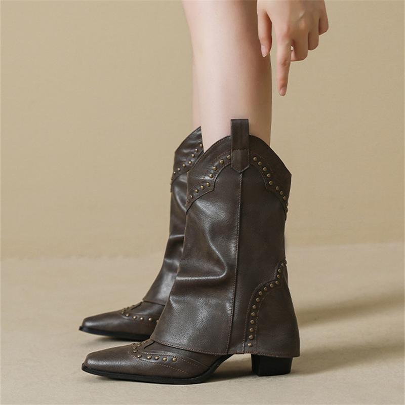 Pointed Toe Rivet Decoration Women Motorcycle Boots Crude Heel Women Knight Boots Retro Casual Solid Color Platform