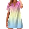 Women Fashion Casual V-neck Short Sleeve Button Gradient Print Dress