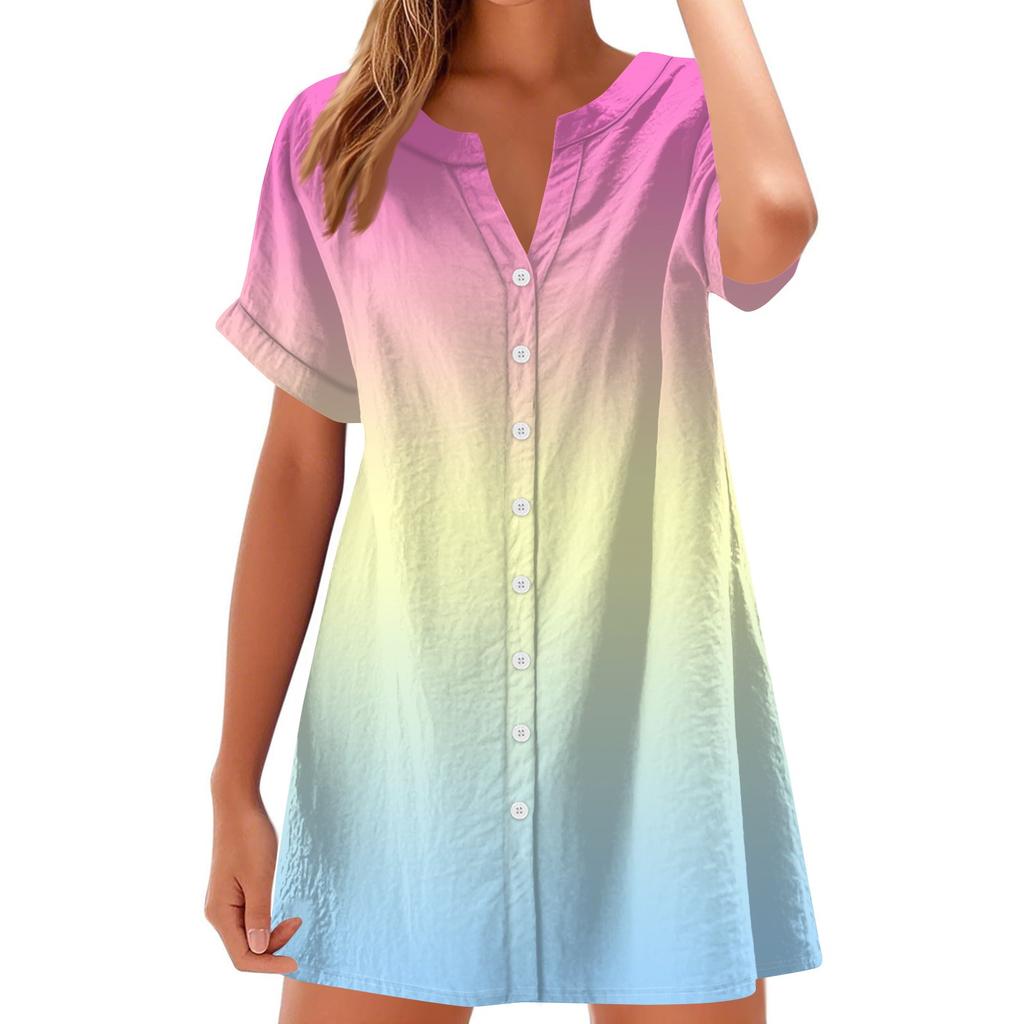 Women Fashion Casual V-neck Short Sleeve Button Gradient Print Dress