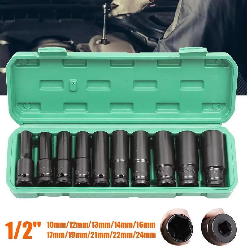 10pcs Impact Socket Set 1/2” Metric Spanner Deep Sockets 10-24mm Pneumatic Wrench Head Tire Removal Tools