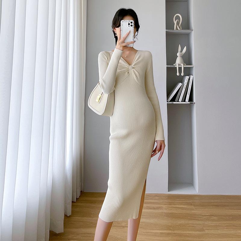 

Вязаное платье женское осенне-зимнее ретро элегантный темперамент V-образный вырез разрез с пальто длинный свитер юбка для основы one size fits all