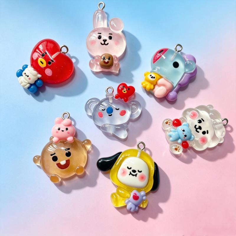7Pcs/Set Kawaii Bunny Dog BT21 Cartoon Resin Cute Charms Jewelry Making Bracelet Keychain Making Supplies Handmade DIY 6