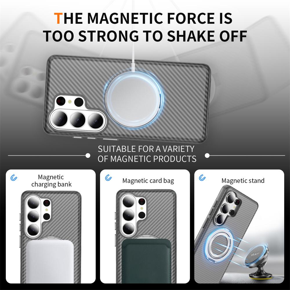 Transparente drehbare magnetische Halterung aus Kohlefaser Handyhülle für Samsung S26 S25 S24 S23 Ultra Einfarbige stoßfeste Rückseite