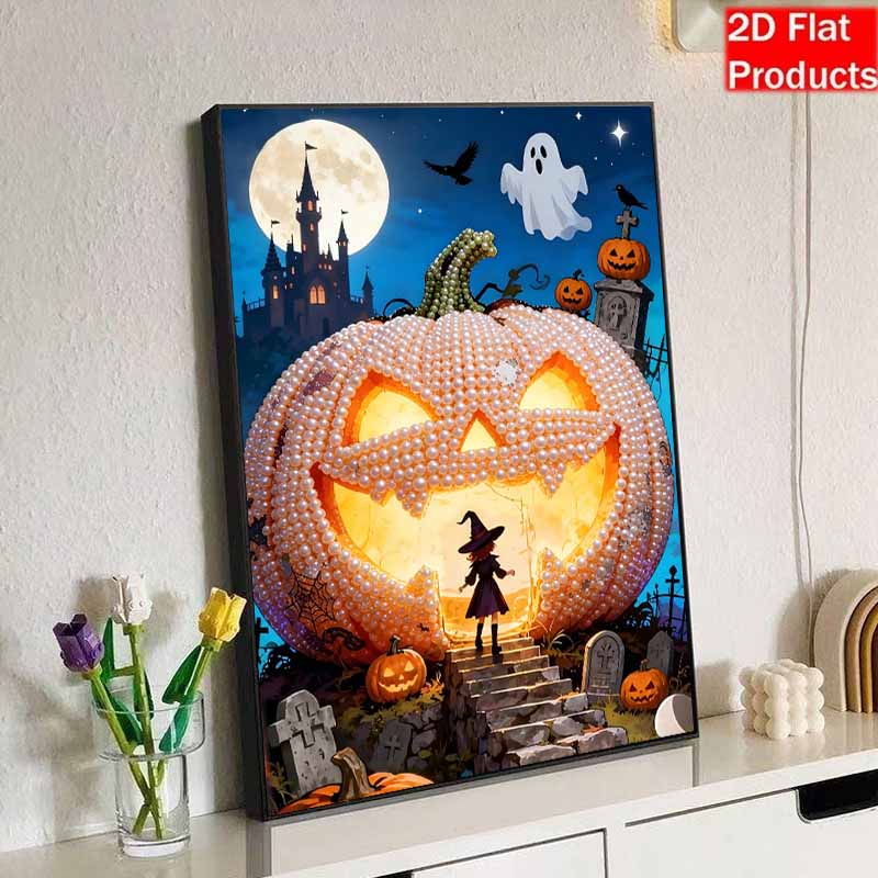 DIY 3D Pearl Painting Canvas Halloween Pumpkin Witch Castle Pattern Relaxing Leisure Craft Kit for Adults Wall Home Decoration