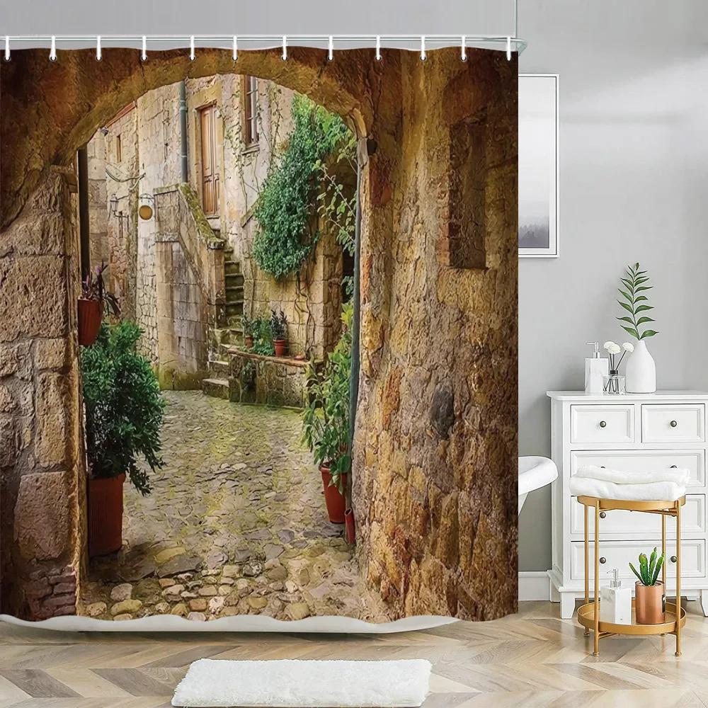 Greek Town Street View Shower Curtain Blue Wooden Doors Windows Flower Plant Wall Decor Bathroom Hanging Curtains Set With Hooks