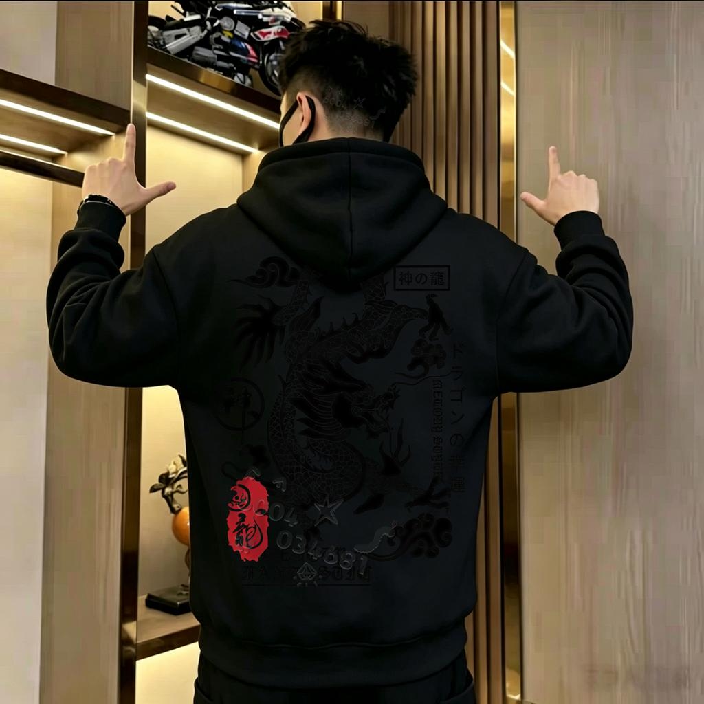 The men's Y2K style hooded sweatshirt with dragon and cloud patterns is perfect for daily commuting and casual wear.